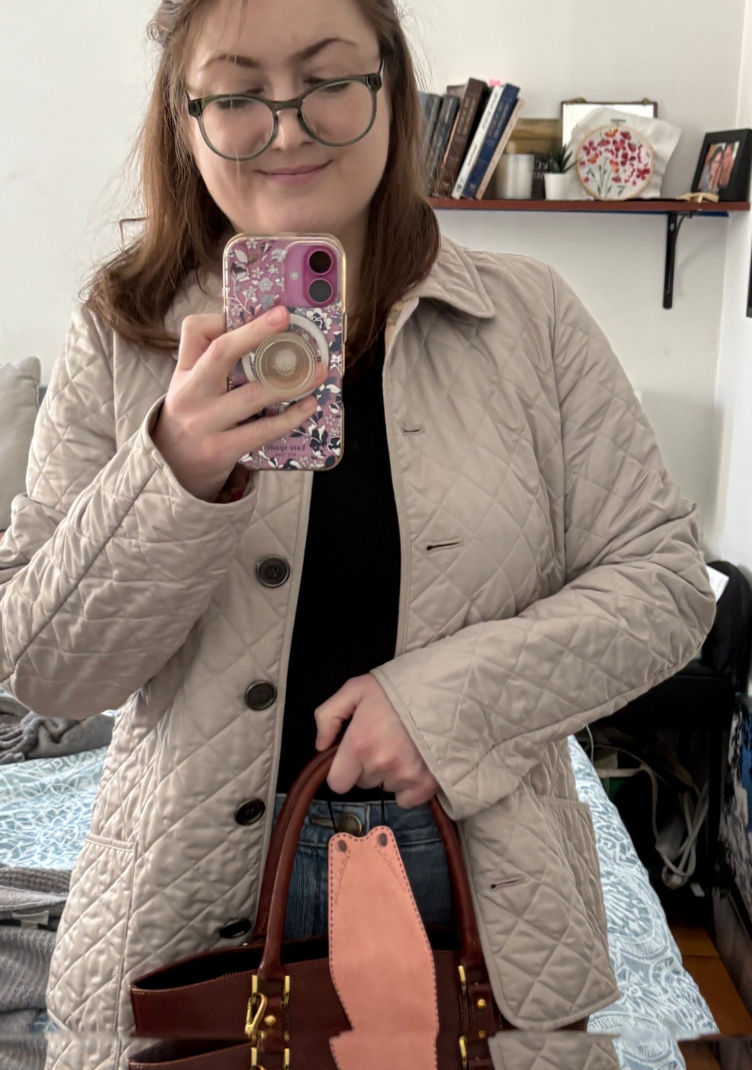 The other day’s doctor’s office ootd 💃🏼 Love not needing to wear 4 layers now that it’s spring!

ID: Kate takes a mirror selfie holding a bag and a mask. 

#LTKootd