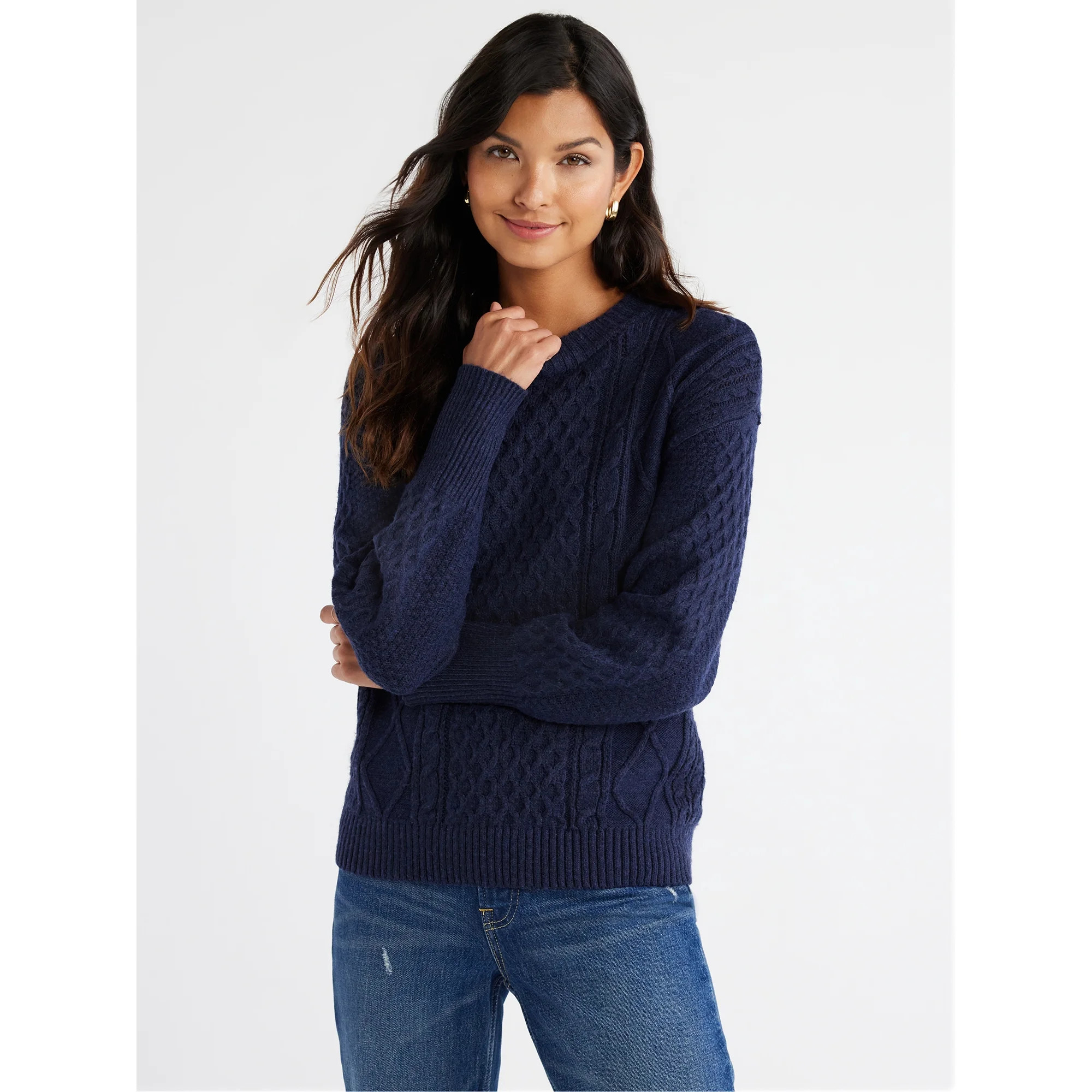 Free Assembly Women’s Mixed Cable Knit Sweater, Midweight, Sizes XS-XXXL | Walmart (US)