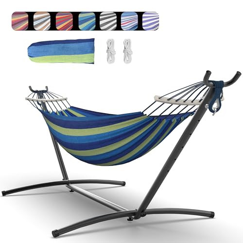 Everyfun Double Hammock with Space-Saving Steel Stand, 2 Person Heavy-Duty Hammock for Garden, Yard or Outdoor, 600lbs Capacity, Wide Blue | Amazon (US)