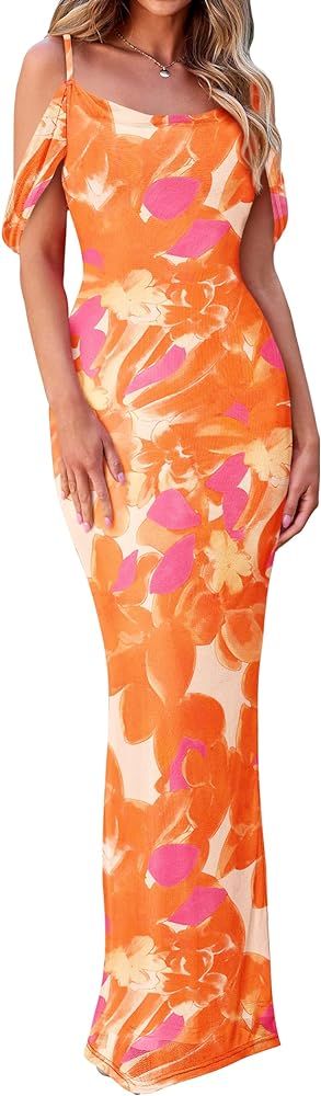 MASCOMODA Spaghetti Strap Long Maxi Dresses for Women 2024 Summer Floral Sexy Bodycon Backless Fo... | Amazon (US)