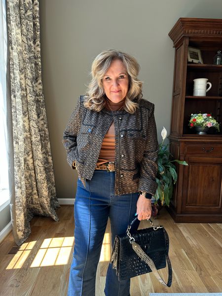 Blazers and denim are one of my favorite looks.  Wearing an XL in the lightweight knit blazer. It’s roomy. You can order your smaller size. 

Mock neck is a great season staple. Size L
Jeans size 31 
Beautiful black embossed leather bag  

#LTKworkwear #LTKSeasonal #LTKmidsize