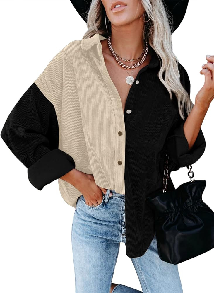 Happy Sailed Womens Button Down Corduroy Jacket Shirts Boyfriend Style Long Sleeve Oversized Blouses | Amazon (US)
