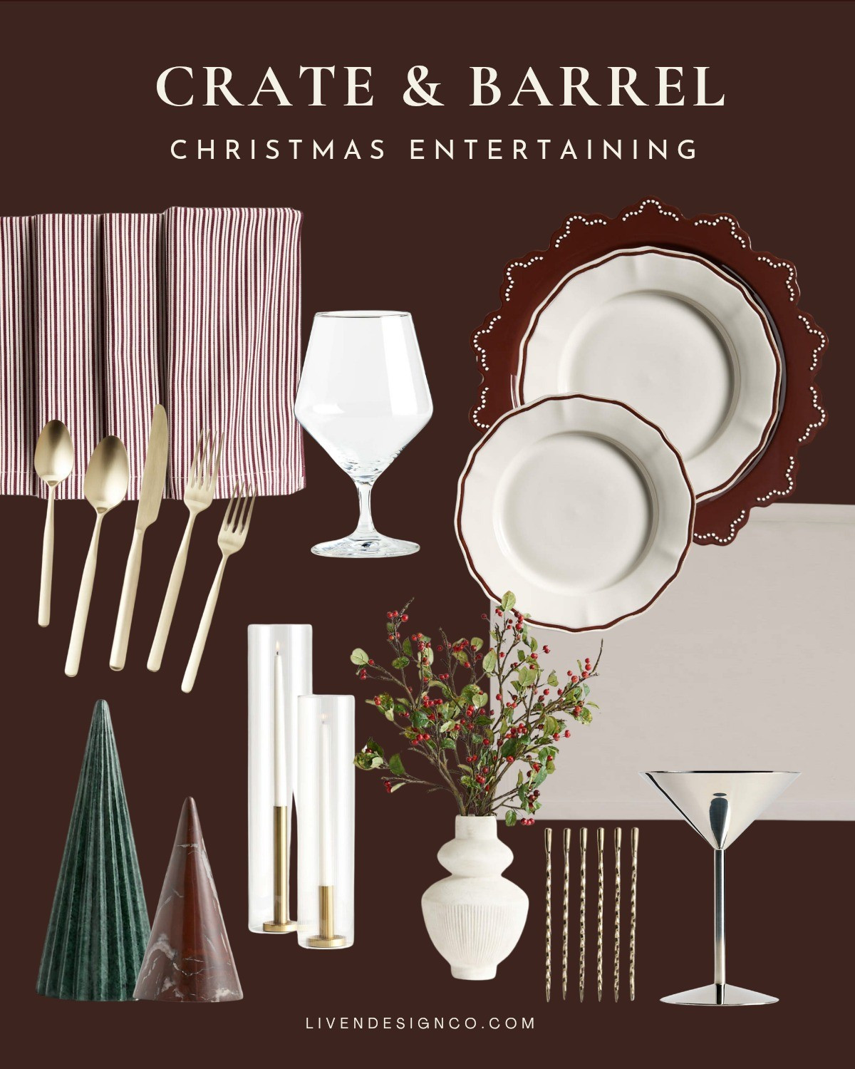 Dinnerware. Tablescape. Table setting. Table runner. Goblets. Plate charger. Decorative marble trees. Martini glasses. Christmas stems. Glass candle holders 

#LTKHoliday #LTKSeasonal #LTKHome