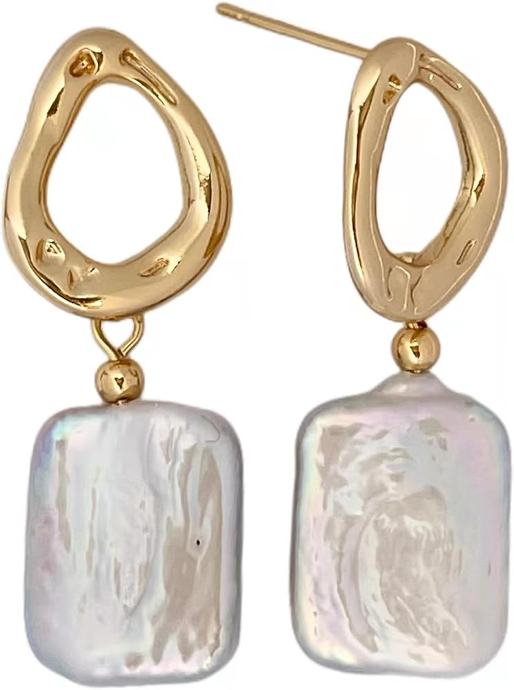AnnChbpl Baroque pearl earrings for Women girl cultured freshwater Pearl Stud hoop square stateme... | Amazon (US)