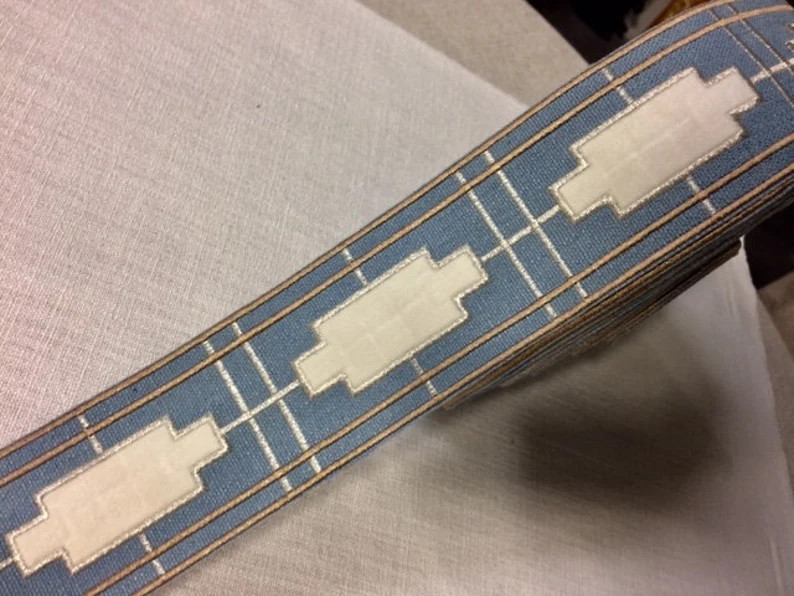Colonial Blue, White & Tan High Quality Woven Embroidery Trim Tape 2.5" H-1156B-4 Upholstery / Be... | Etsy (US)