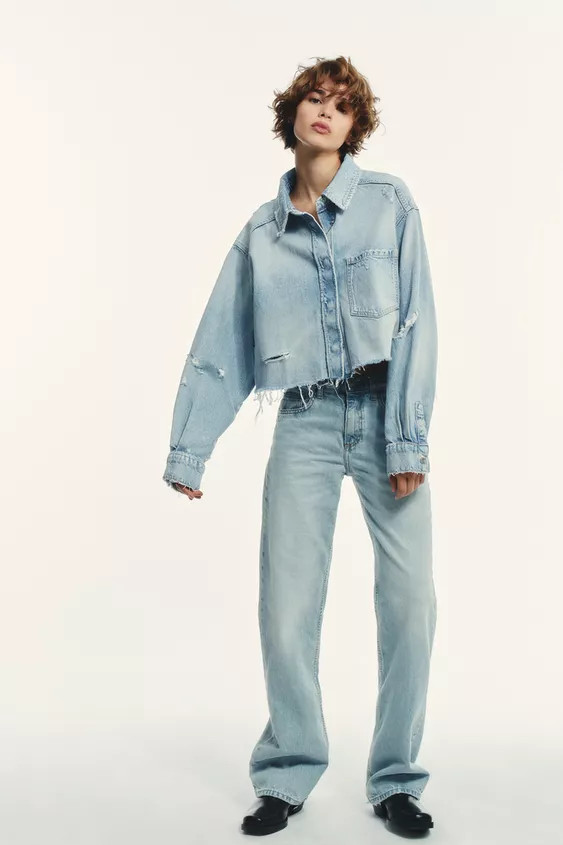 TRF RIPPED CROP DENIM OVERSHIRT | Zara US