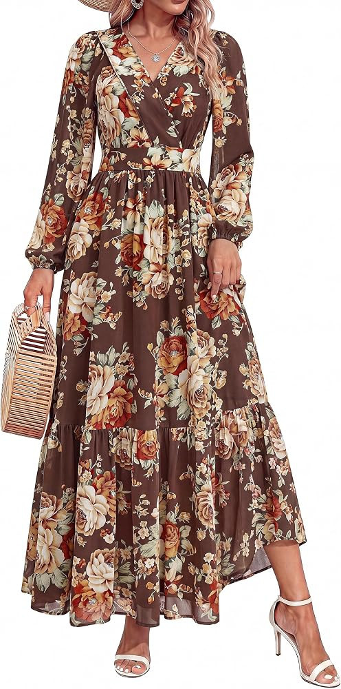 dowerme Women Fall Long Sleeve Wrap V Neck Floral Belted Boho Maxi Dress | Amazon (US)
