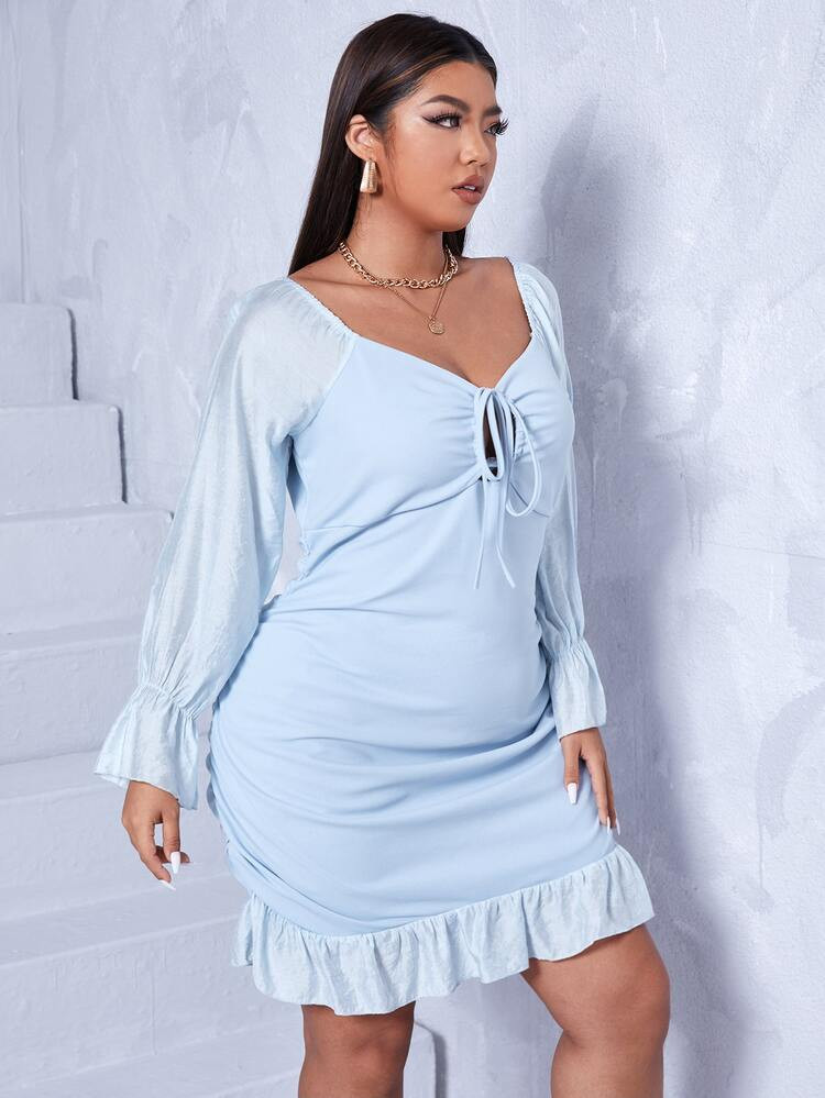 Plus Solid Knot Front Ruffle Hem Milkmaid Dress | SHEIN