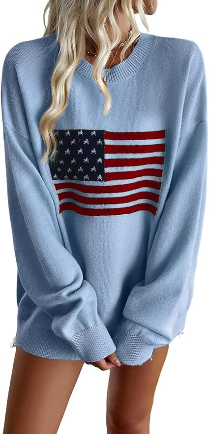 Women’s Oversized Knit Sweater American Flag Long Sleeve Soft Comfortable Casual Winter | Amazon (US)