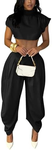 Ekaliy Casual Two Piece Sets For Women Mock Neck Short Sleeve Crop Tops and Palazzo Pants Set Sum... | Amazon (US)