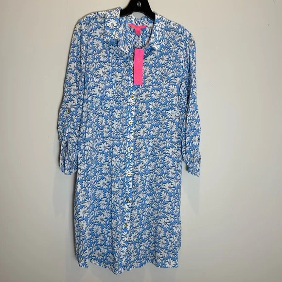 Medium NWT Lilly Pulitzer Natalie Cover Up Shirt Dress Lunar Blue Palm Beach | Poshmark