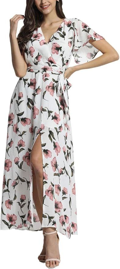 Azalosie Wrap Maxi Dress Short Sleeve V Neck Floral Flowy Front Slit High Low Women Summer Beach ... | Amazon (US)