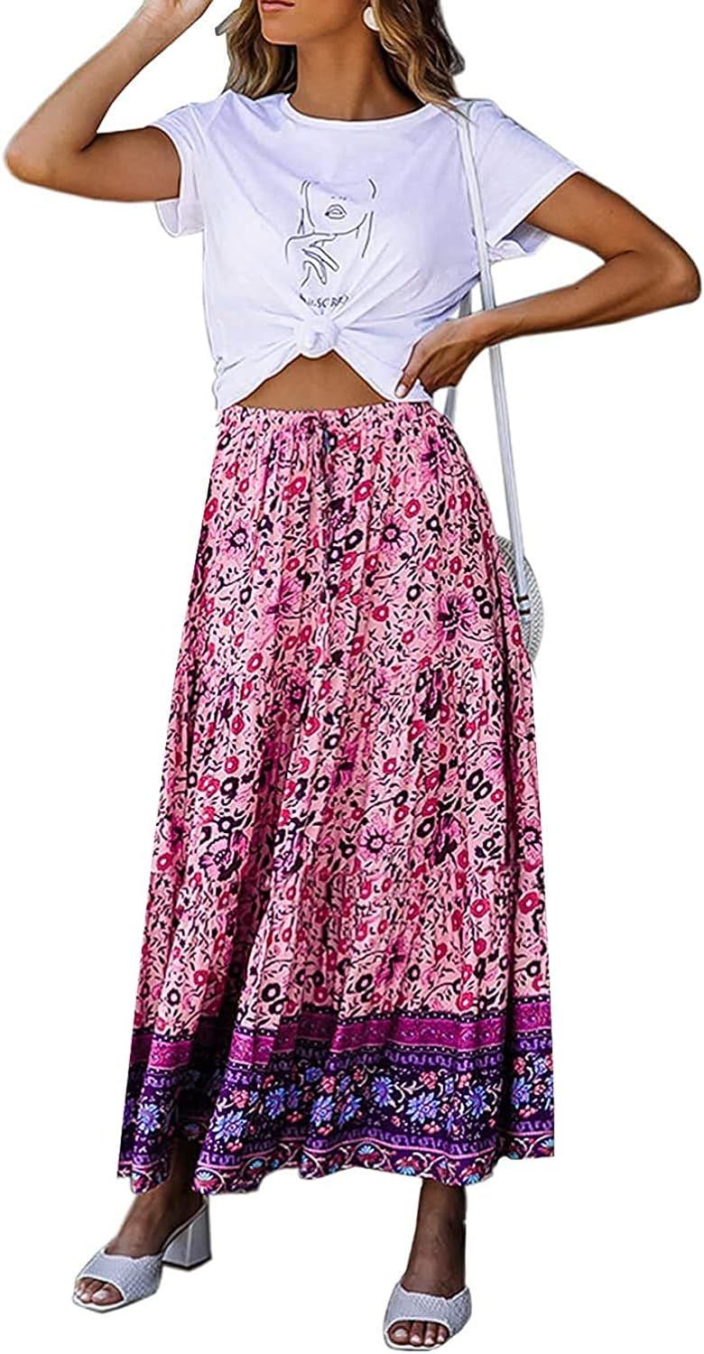 ZESICA Women's 2023 Bohemian Floral Printed Elastic Waist A Line Maxi Skirt with Pockets | Amazon (US)