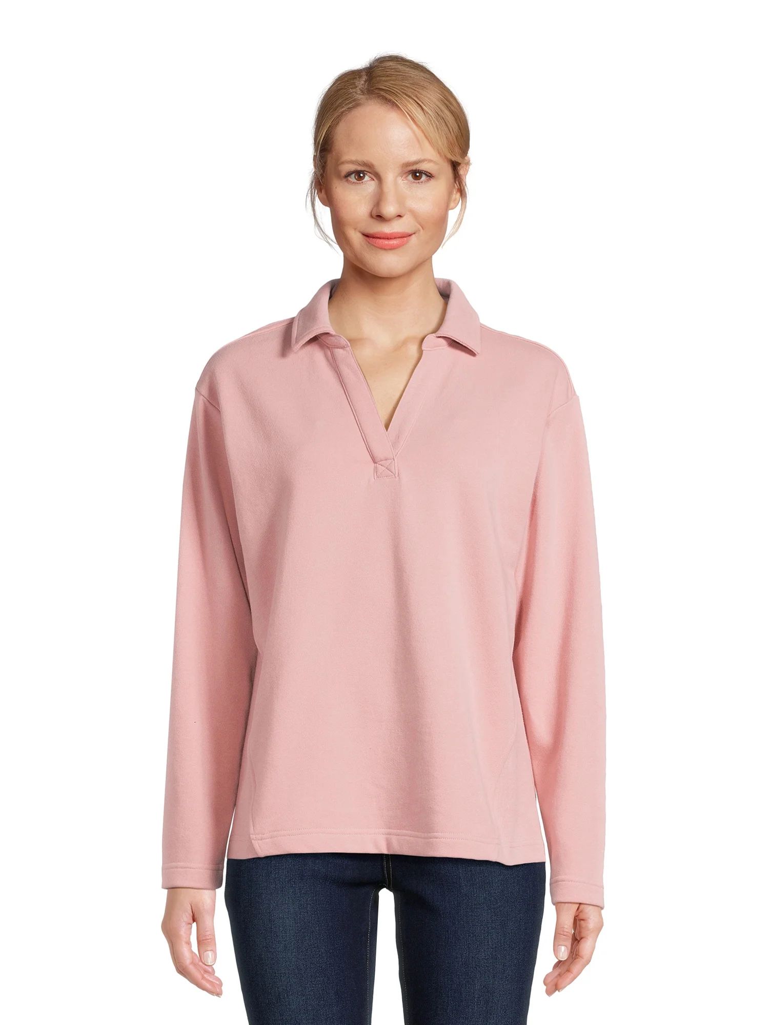 Time and Tru Women's Split Neck Long Sleeve Collared Sweatshirt with Contrast Rib Side Panels XS-... | Walmart (US)