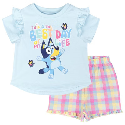 Bluey Little Girls T-Shirt and Shorts Outfit Set Gingham Sky Blue 7-8 | Target