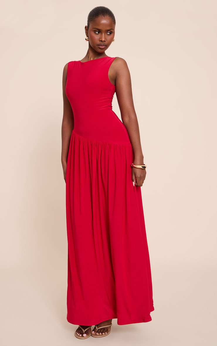 Red Double Layer Soft Touch Asymmetric Dropped Waist Maxi Dress | PrettyLittleThing US
