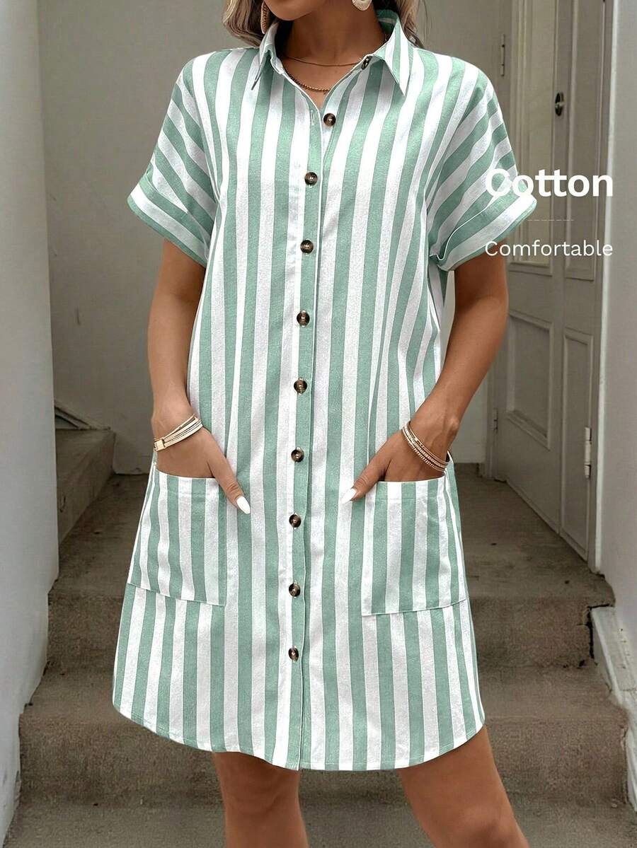 Easowa Cotton Striped Shirt Dress For Women Button Down Summer Casual With Pocket Short Sleeve | SHEIN