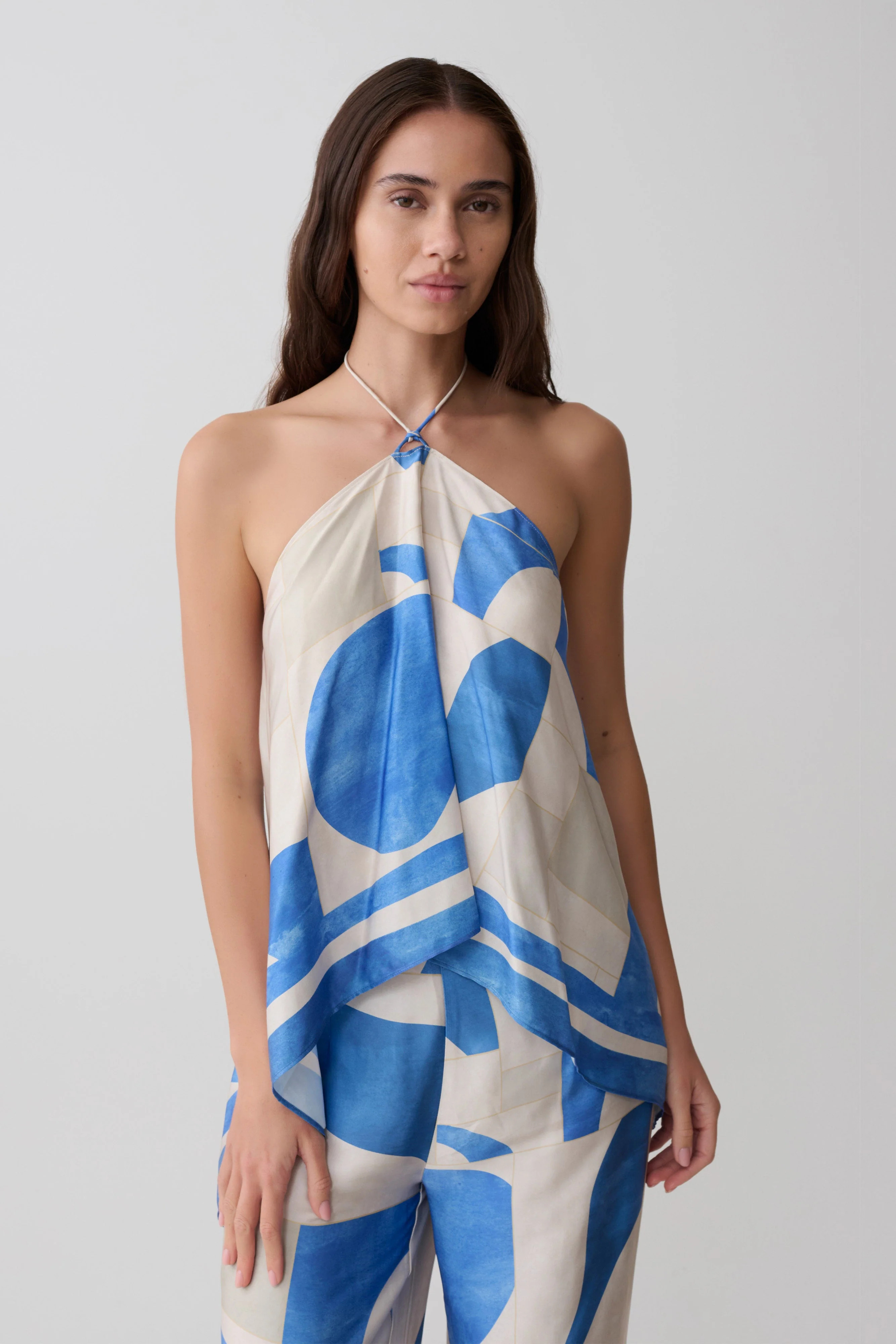 Adelaide Draped Satin Halter Top - Blue Geo Tile Print | MESHKI US