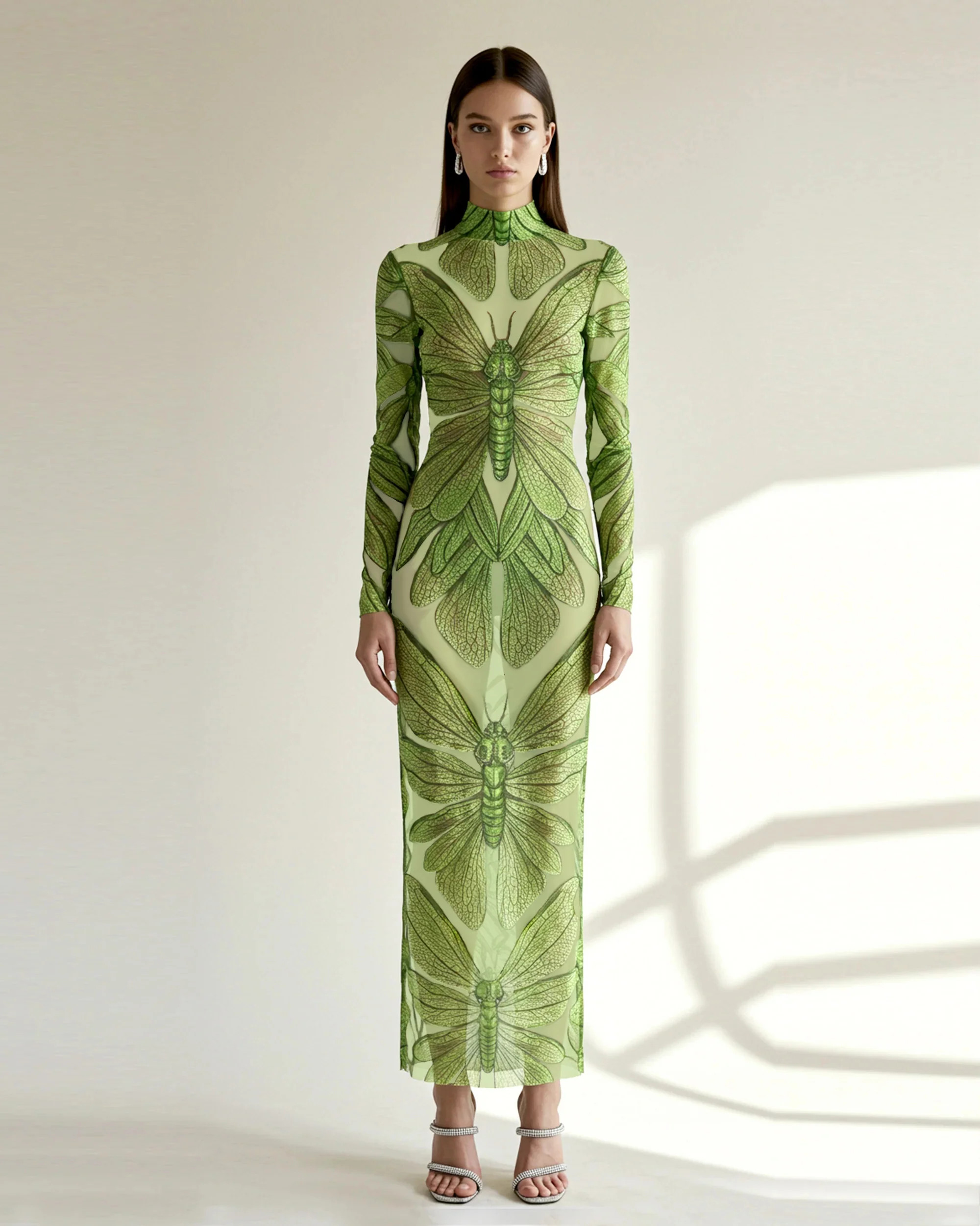 Emerald Dragonfly Sheer Mesh Gown - Green | JW PEI US