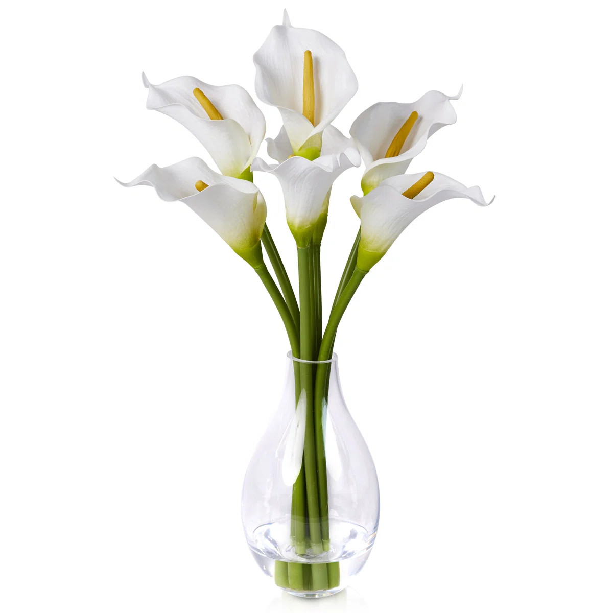 Elegant 17" Artificial Calla Lily Arrangement In Teardrop Glass Vase With Faux Water - Modern Han... | Wayfair North America