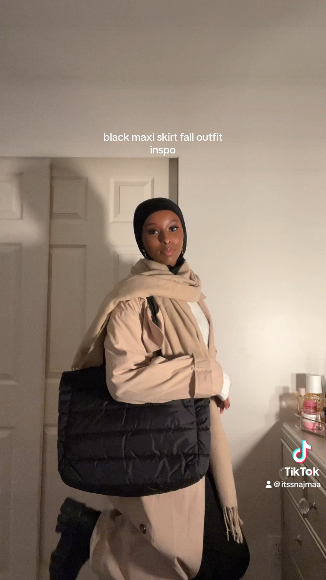 fall outfit inspo styling a black maxi skirt 
trench coat -> Feeling Fine Trench Coat Beige USE code NAJMATIKTOK for 15% off 

#LTKstyletip #LTKVideo #LTKsalealert