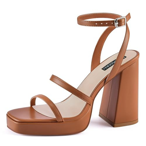 MIRAAZZURRA Platform Strappy Heel Sandals Square Open Toe Two Strap Chunky High Heeled Sandals with Buckle Ankle Strap for Women Party Wedding Dress Brown 5.5 | Amazon (US)