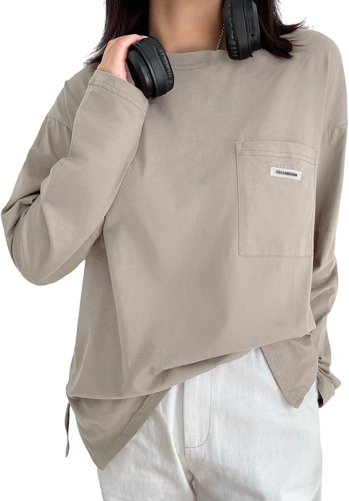 Milumia Women's Letter Pocket Patched Split Hem Tops Drop Shoulder Long Sleeve T-Shirt | Amazon (US)