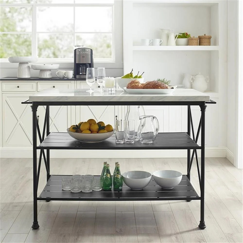 Crosley Furniture Madeleine Metal/Faux Marble Top Kitchen Island in Matte Black | Walmart (US)