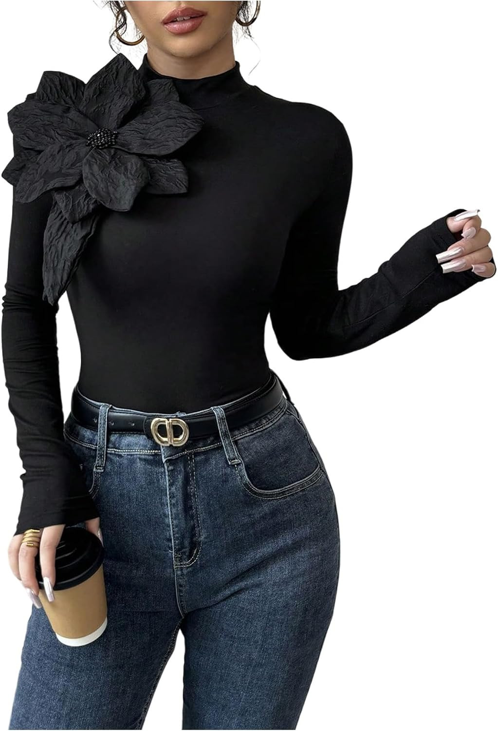 OYOANGLE Women's Long Sleeve Blouse 3D Floral Y2k Going Out Mock Neck Top | Amazon (US)