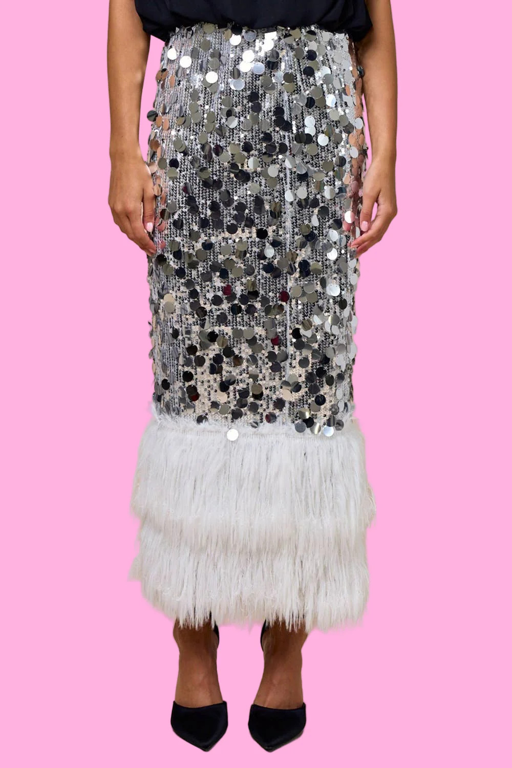 Sequin Midi Skirt with Faux Fur Hem | Teggy French