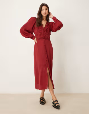 Miss Selfridge satin jacquard button through lace trim midi dress in berry | ASOS (Global)
