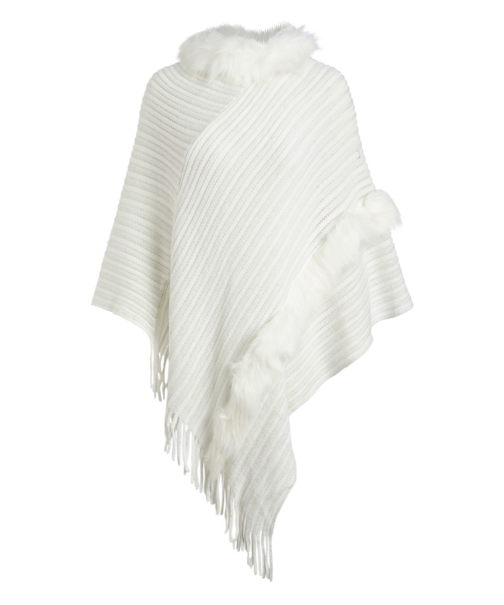 Jessica Taylor Women's Ponchos WHITE - White Stripe Faux-Fur Trim Red Rock Poncho | Zulily