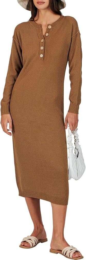 Caracilia Women Sweater Dress Long Sleeve Button V Neck Oversized Waffle Knit Pullover Sweater Ca... | Amazon (US)