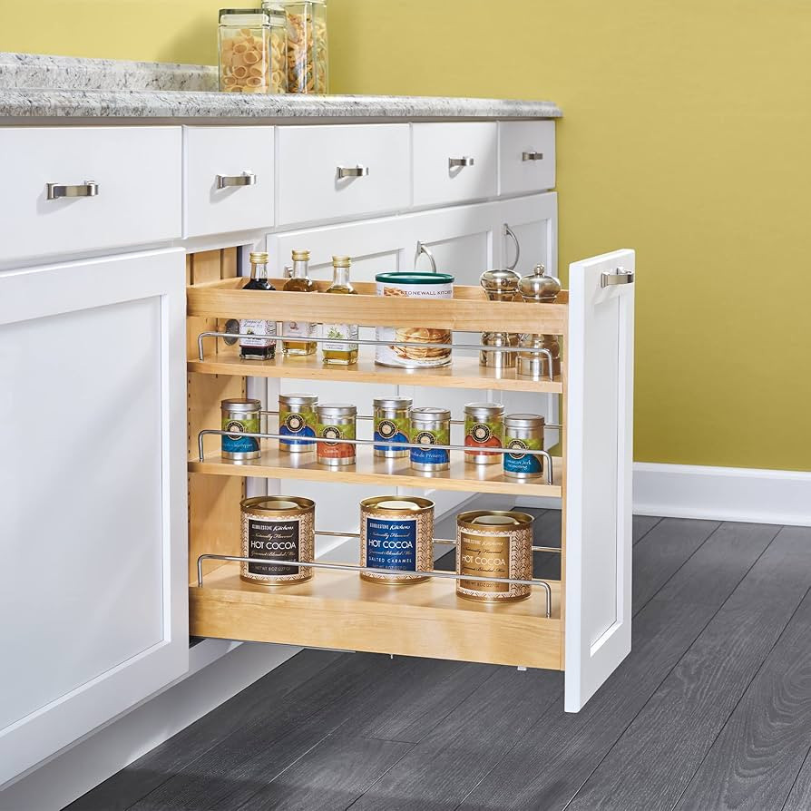 Rev-A-Shelf 8" Pull Out Storage Organizer for Base Kitchen/Bathroom Cabinets, Spice Rack/Pantry Shelves with Soft Close Slides, Wood, 448-BDDSC-8C | Amazon (US)