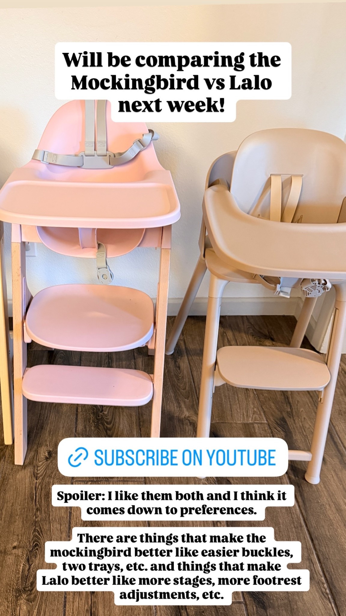 Will be comparing the Mockingbird vs Lalo 
next week!  Spoiler: I like them both and I think it comes down to preferences. 

There are things that make the mockingbird better like easier buckles, two trays, etc. and things that make
Lalo better like more stages, more footrest adjustments, etc.

#LTKBaby #LTKBump #LTKKids