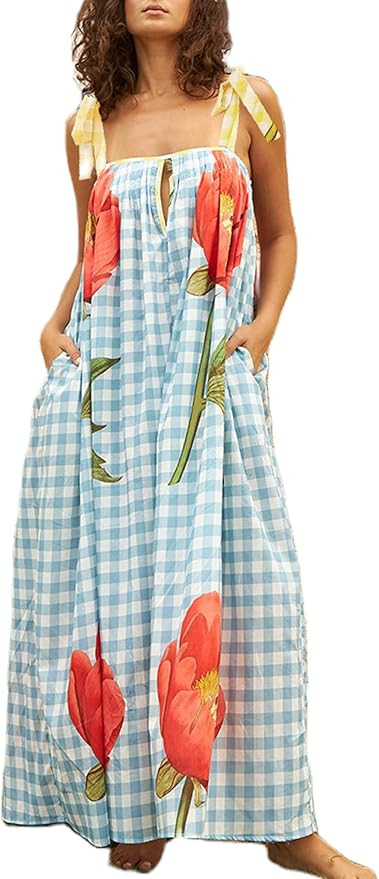 NUFIWI Women Tie Shoulder Graffiti Long Dress Sleeveless Flowy Graphic Maxi Dress Swing Spaghetti... | Amazon (US)