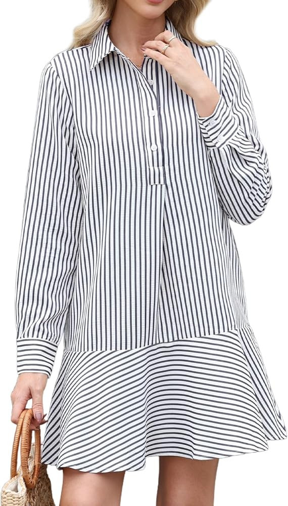 Womens Striped Shirt Mini Dress Long Sleeve Collared Ruffle Hem Button Up Tunic Flowy Swing Dress... | Amazon (US)
