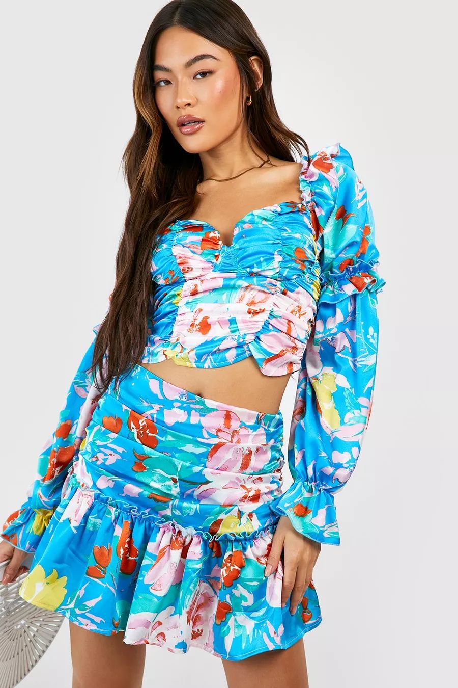 Floral Puff Sleeve Corset & Ruched Mini Skirt | Boohoo AU