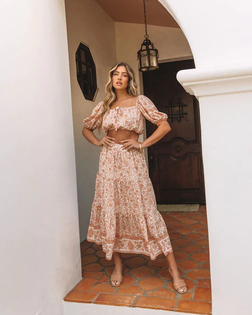 Adela Floral Midi Skirt - Peach | VICI