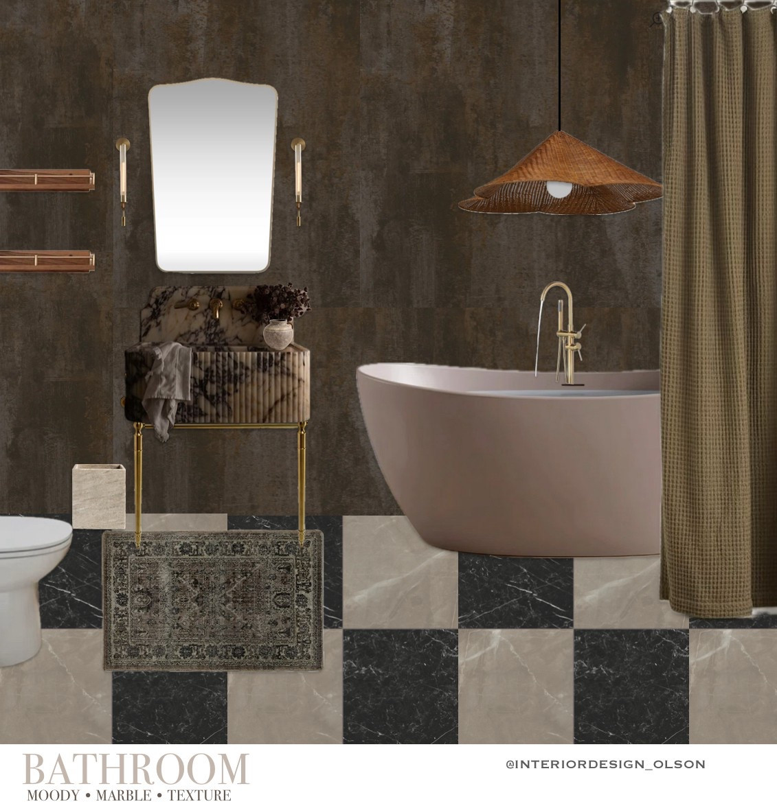 Moody Bathroom Design 🛁
Bringing all the boutique spa vibes with this luxurious bathroom concept: think bold marble, warm brass, rich texture, and a sculptural blush freestanding tub that steals the show. If you love checkerboard floors, organic elements, and a high-contrast palette, save this for your next bathroom remodel inspo!

🖤 Moody wall tones
🛁 Statement bathtub
🪵 Natural textures & rattan lighting
🧼 Spa-like details that feel elevated yet cozy

Shop the full look below — perfect for lovers of moody modern interiors, luxe marble, and organic style.

#MoodyBathroom #BathroomDesign #BathroomInspo #LTKBathroom #MarbleBathroom #CheckerboardTile #InteriorDesignIdeas #FreestandingTub #OrganicModern #WabiSabiStyle #DarkInteriors #ModernLuxuryHome #BathroomMoodboard

#LTKHome