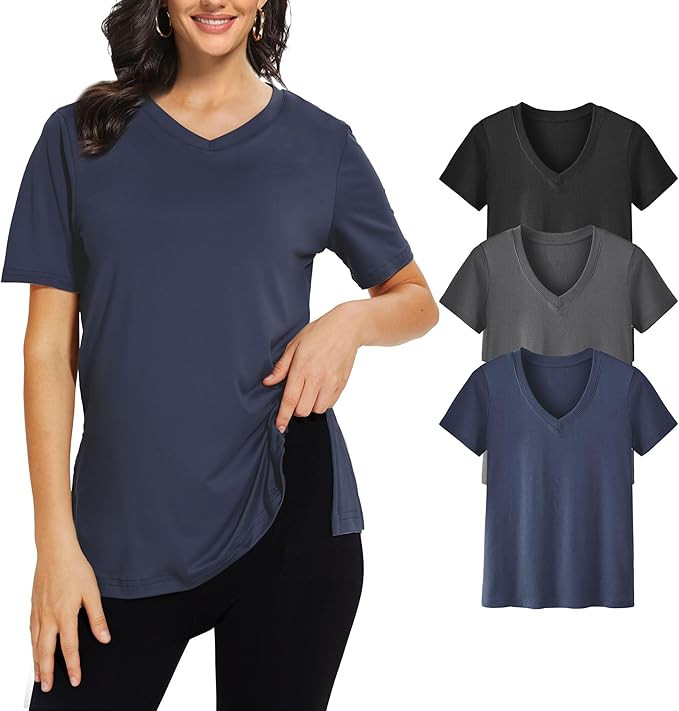 Showitty 3 Pack T Shirts for Women, Short Sleeve V Neck Basic Tees Loose Fit Cute White Black Top... | Amazon (US)