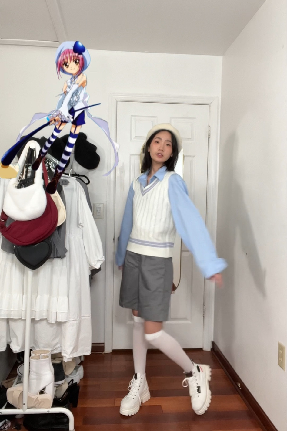 Beret: YesStyle 
Shirt: thrifted (linked similar)
Vest: Aliexpress 
Shorts: H&M (can’t link)
Socks: Pinduoduo (linked similar)
Shoes: Palladium (can’t link)