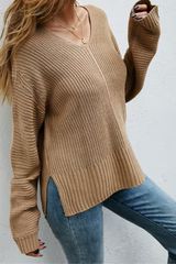 'Oria' Khaki V-Neck Sweater | Goodnight Macaroon