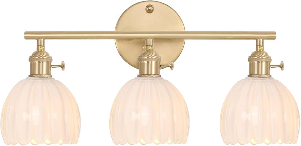 Bathroom Light Fixtures, 3-Light Brass Vanity Wall Light Over Mirror with White Tulip Glass Shade... | Amazon (US)