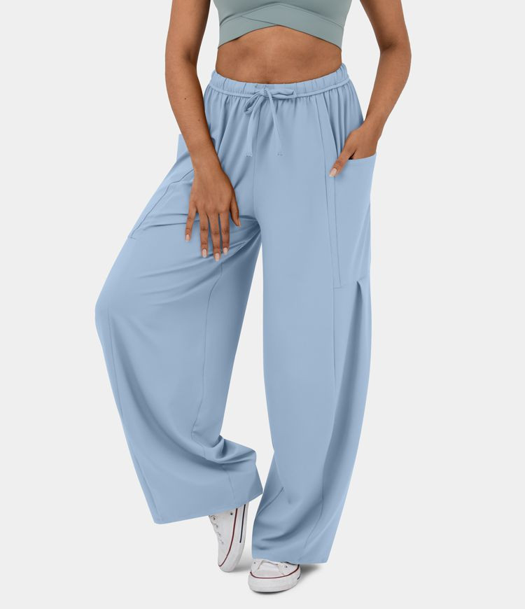 Mid Rise Elastic Waistband Drawstring Side Pocket Palazzo Flowy Wide Leg Casual Pants | HALARA