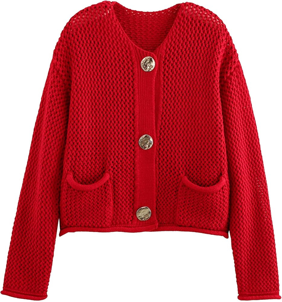 Yimoon Womens Cropped Cardigan Sweaters Gold Button Down Chunky Knit Sweaters Long Sleeve Open Fr... | Amazon (US)