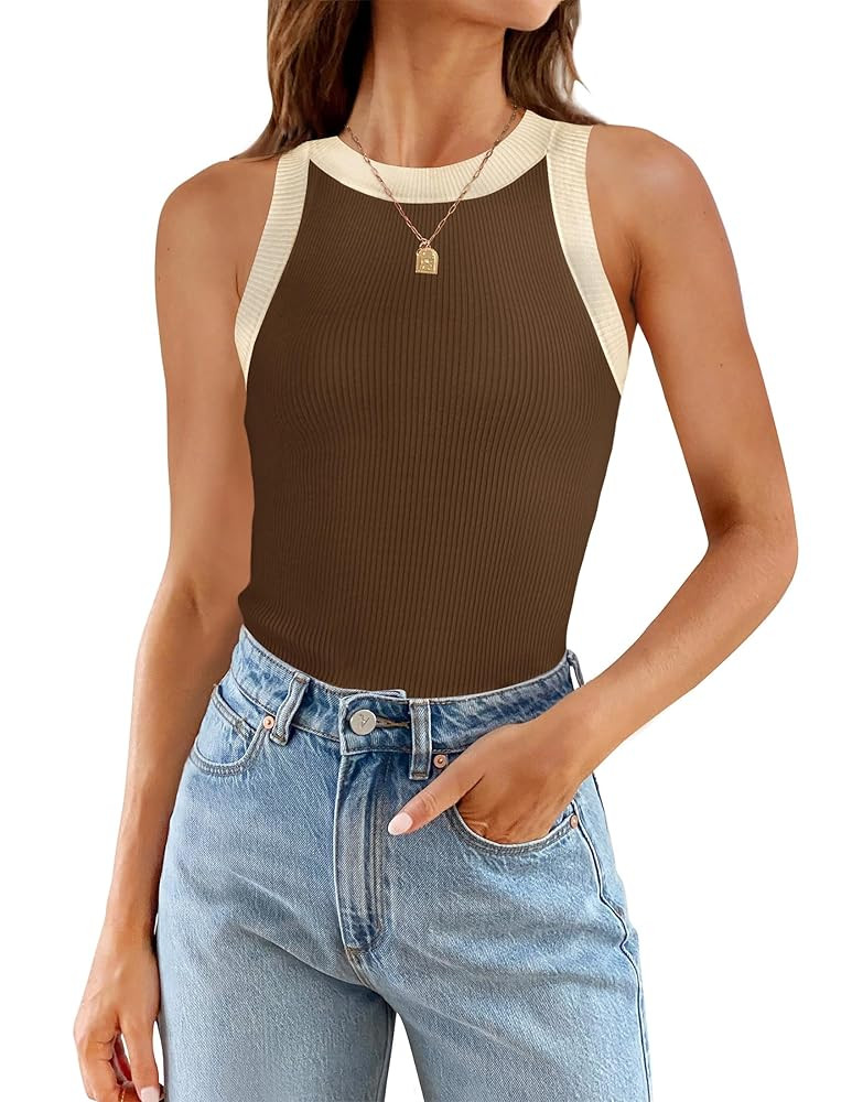 ZESICA Womens Summer Sleeveless Tank Tops Ribbed High Neck Racerback Slim Fitted Color Block Casu... | Amazon (US)