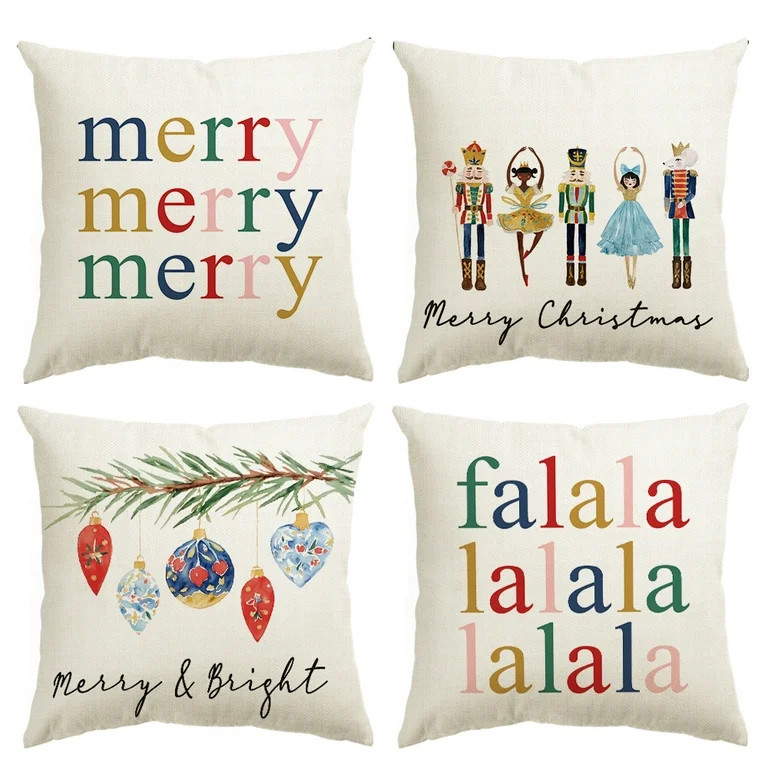 Smile Nutcracker Fa La La Merry Christmas Pillow Covers 18 x 18 Inch, Set of 4 Square Winter Xmas... | Walmart (US)