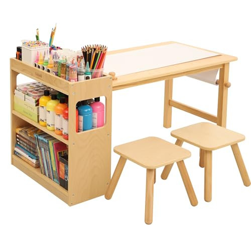 Kids Art Table and 2 Chairs with Roll Paper, Craft Table with Large Storage Shelves, Drawing Desk, Kids Activity Table and Study Table, Activity & Crafts for Children Wooden Furniture | Amazon (US)
