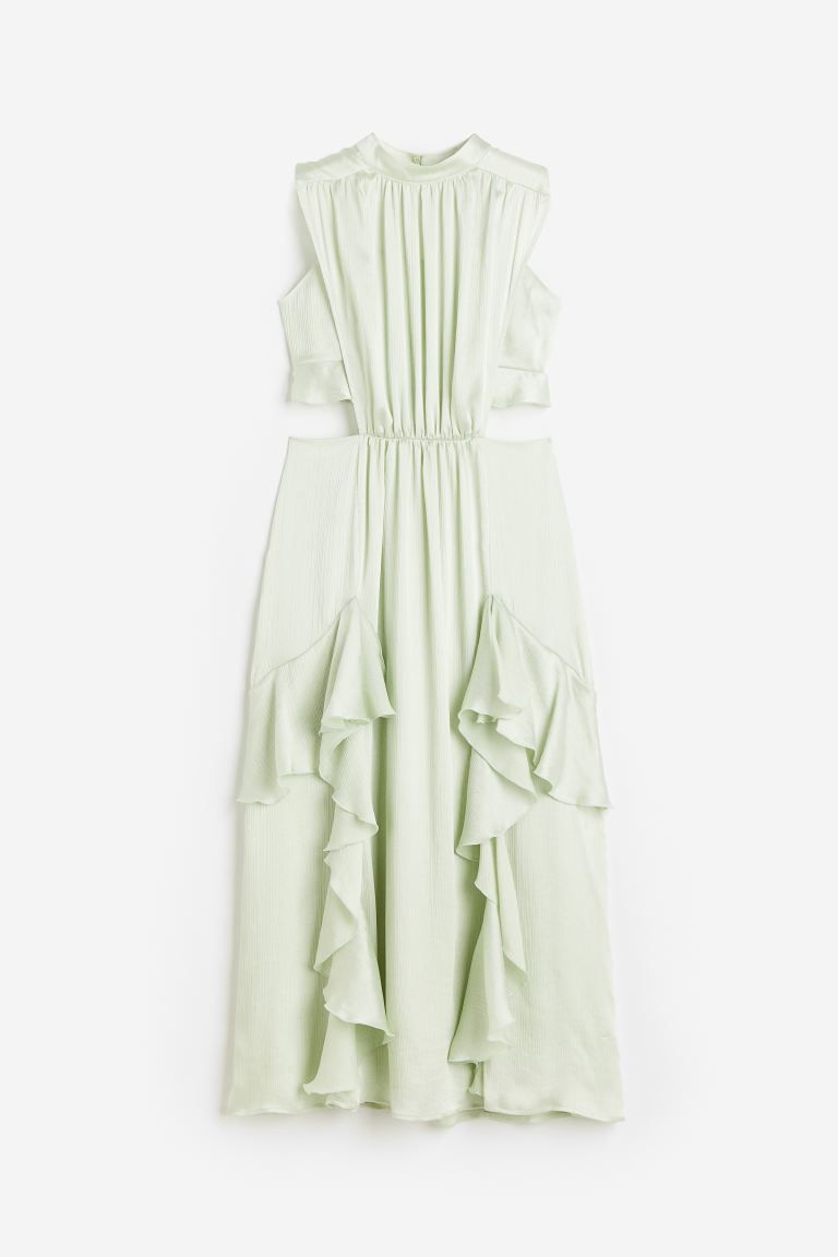 Flounce-trimmed Satin Dress - Sleeveless - Long - Light green - Ladies | H&M US | H&M (US + CA)